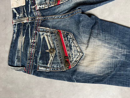 【Y2K McBling】LOLITA JEANS Distressed Flare Jeans / Red Zipper Accents & Heavy Wash / Indigo